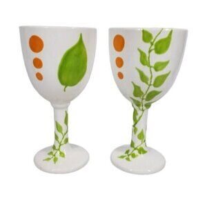 Hand Painted Ceramic Wine Glasses Goblets 12 oz White Glazed Botanical S…